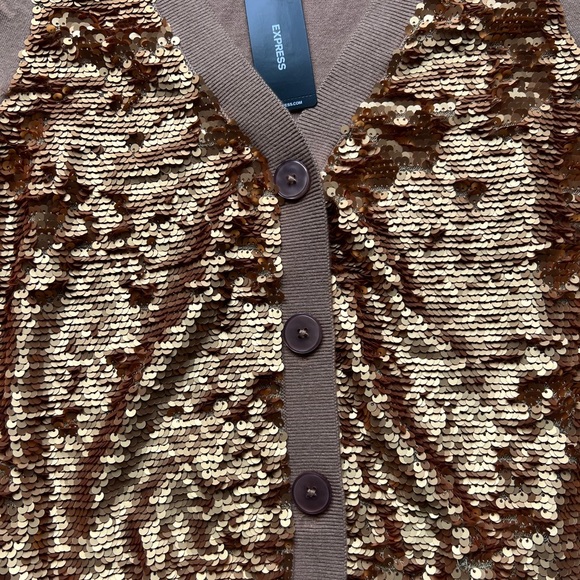 NWT Express Women's Sequin Long Sleeve Button Front Cardigan Sweater Top XS Gold - Picture 12 of 15